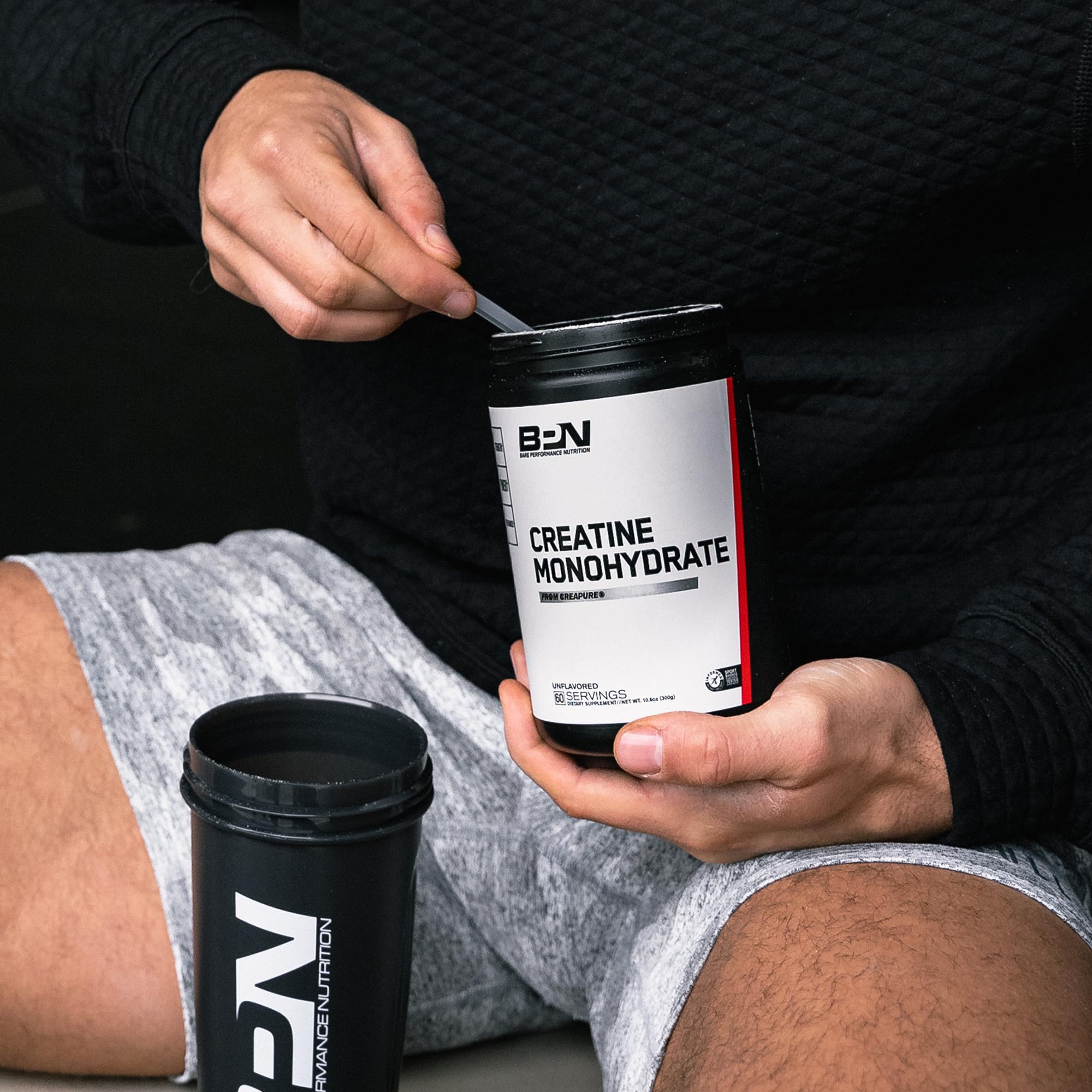 BARE PERFORMANCE NUTRITION creatine monohydrate powder 30 servings packaging displayed.