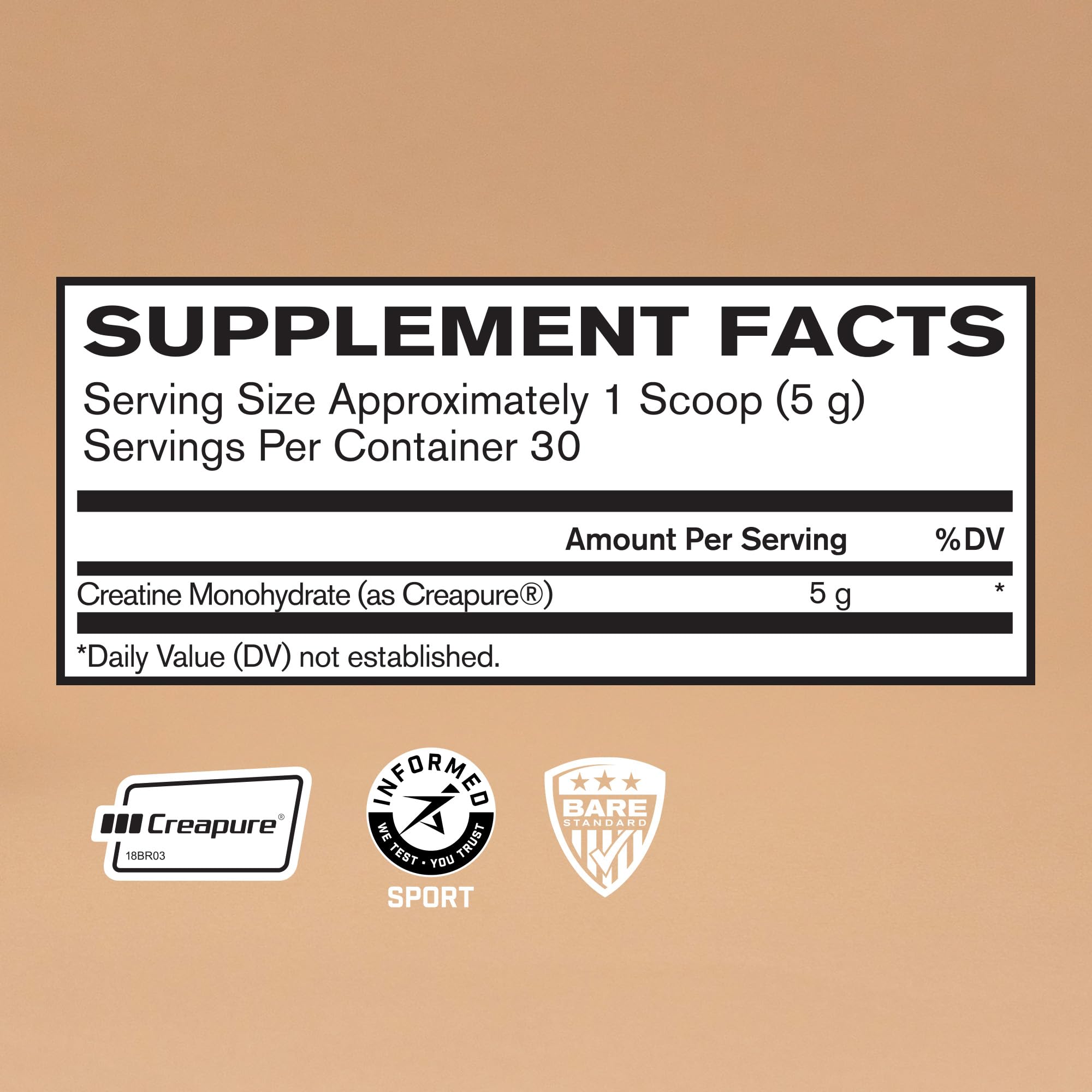 BARE PERFORMANCE NUTRITION creatine monohydrate powder scoop shows precise 5g serving.