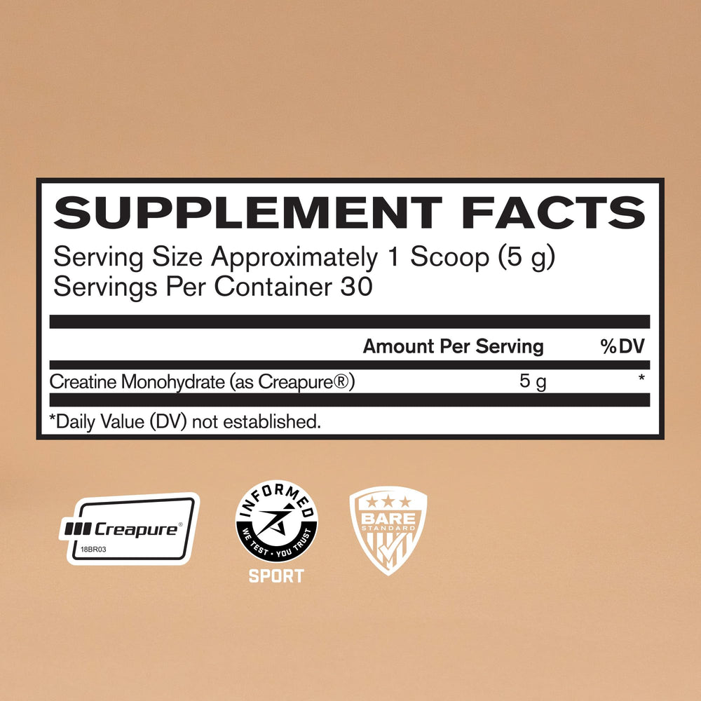 BARE PERFORMANCE NUTRITION creatine monohydrate powder scoop shows precise 5g serving.
