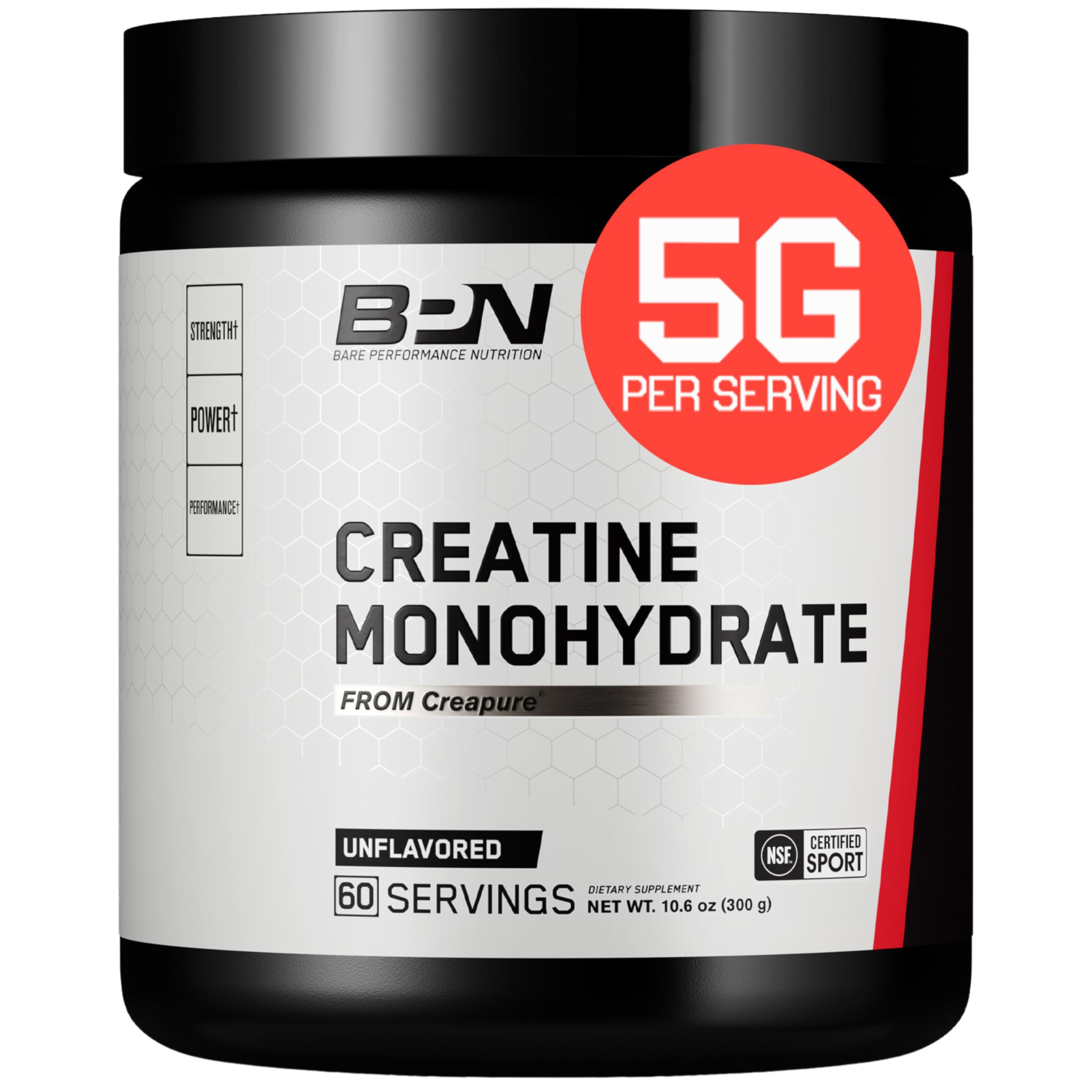 Bare Performance Nutrition creatine powder bottle with Creapure for strength and endurance.