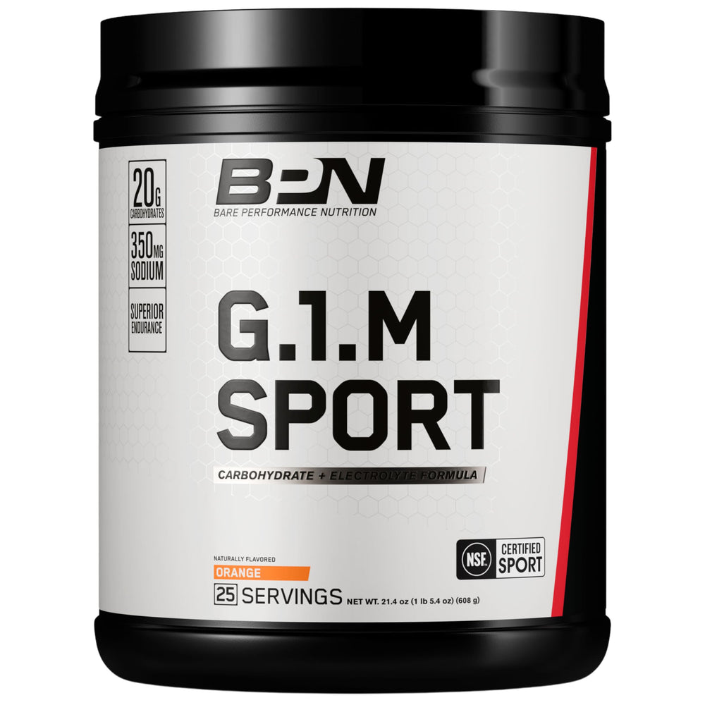 Bare Performance Nutrition G1.M orange bottle delivering steady energy during workouts.