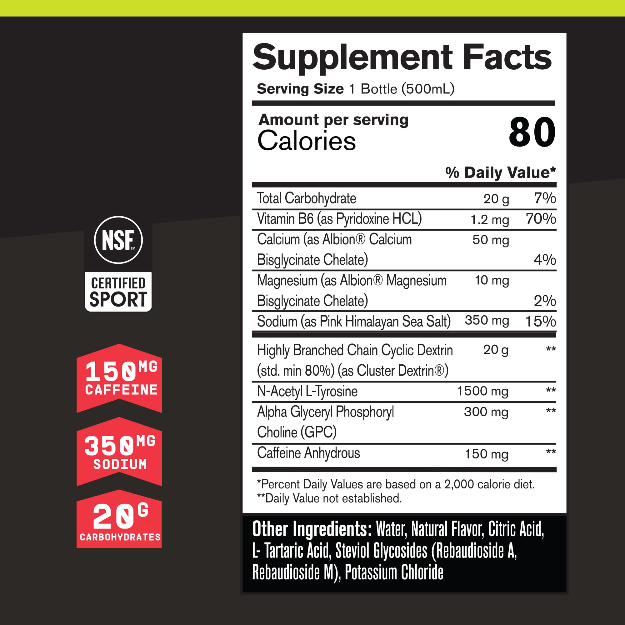 BARE Performance G.1.M Sport+ bottle back, nutrition details and NSF certification.