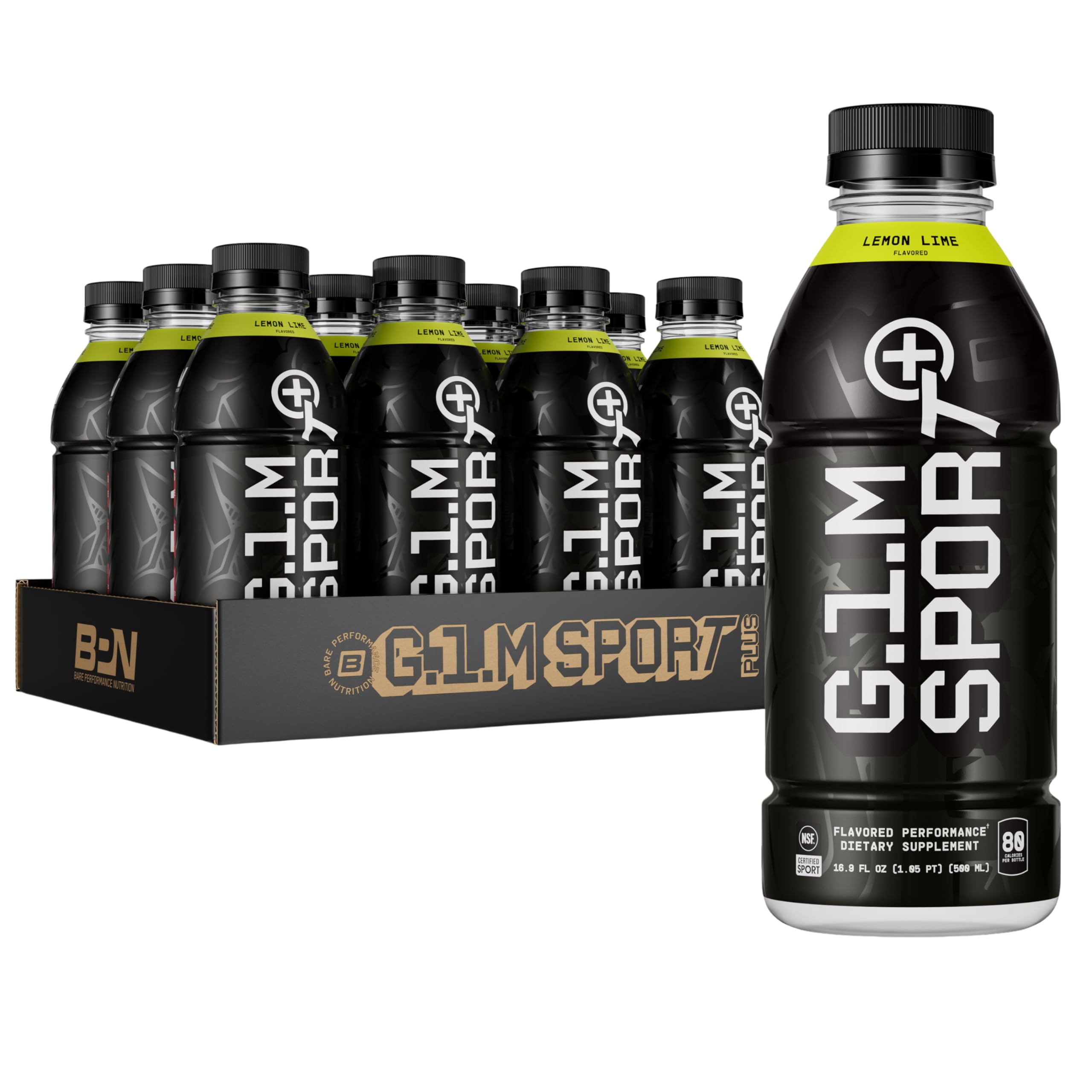 BARE Performance G.1.M Sport+ bottle front, lemon-lime flavor, convenient endurance hydration.