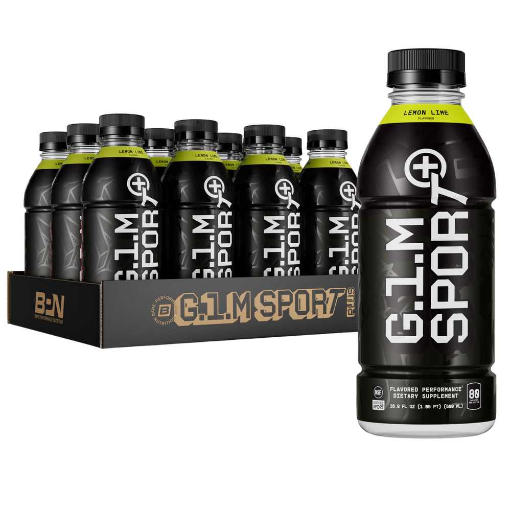 BARE Performance G.1.M Sport+ bottle front, lemon-lime flavor, convenient endurance hydration.