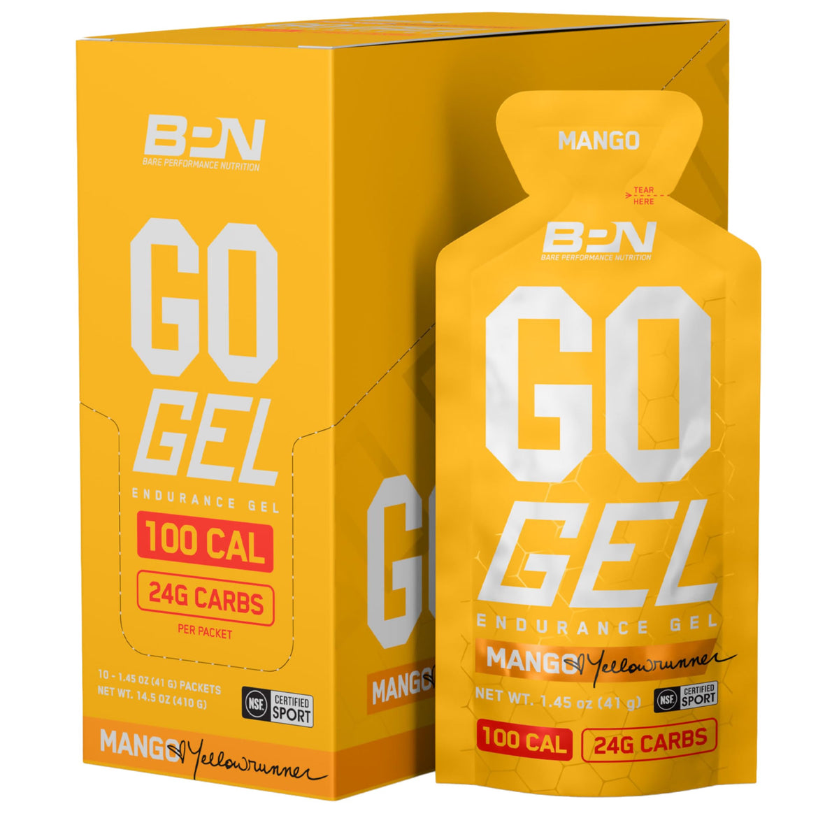 BARE Go Gel Endurance mango pack designed for on-the-go energy during runs