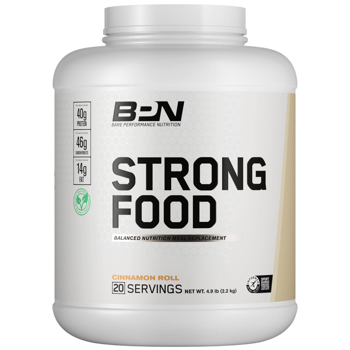 Bare Performance Nutrition Strong Food Cinnamon Roll tub with quick nutrition information on the label.