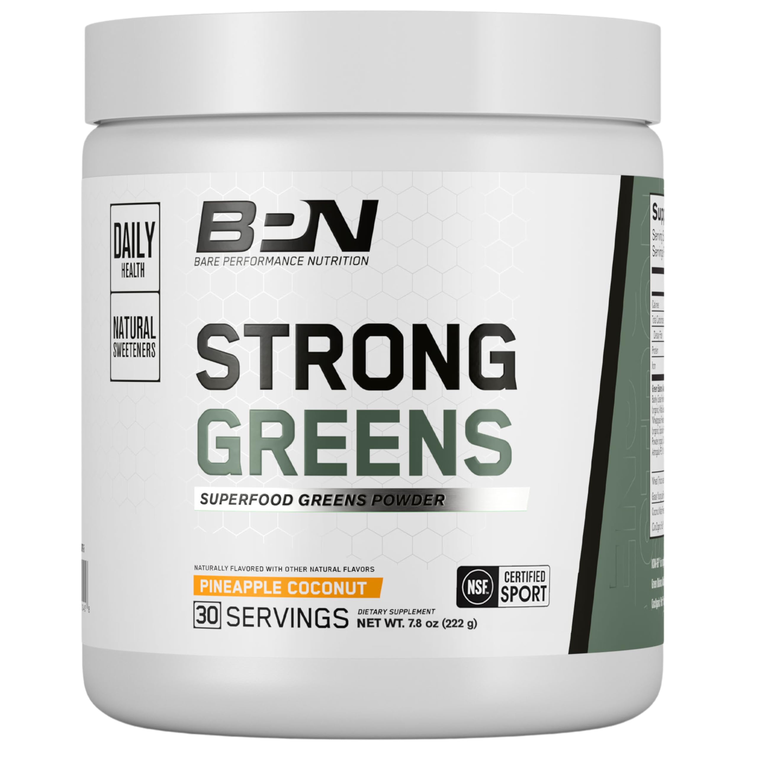 BARE PERFORMANCE NUTRITION Strong Greens bottle promotes natural energy and gut health.
