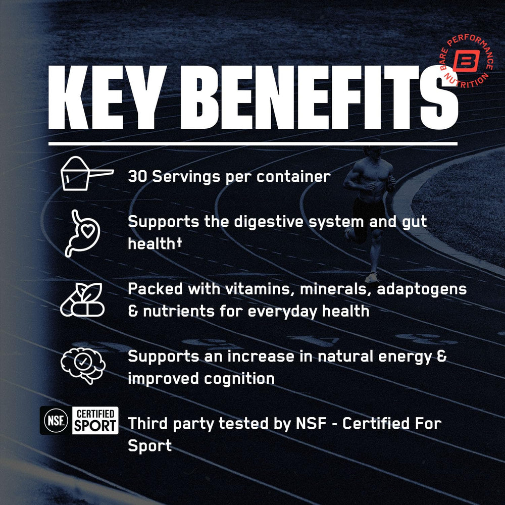 BARE PERFORMANCE NUTRITION Strong Greens dissolves easily for a refreshing digestive support drink.