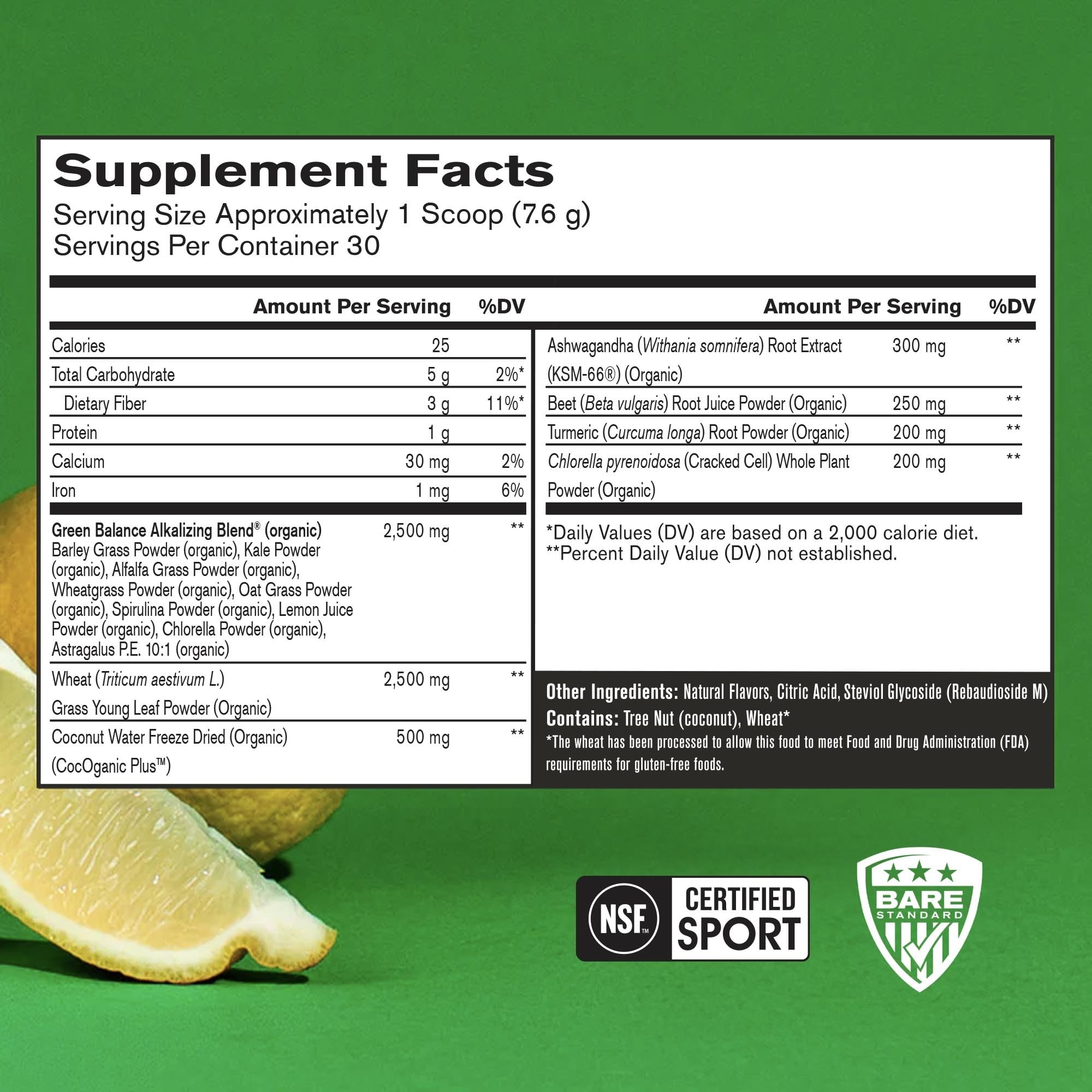 Scoop of Strong Greens beside a lemon for quick, tasty smoothies and focus.