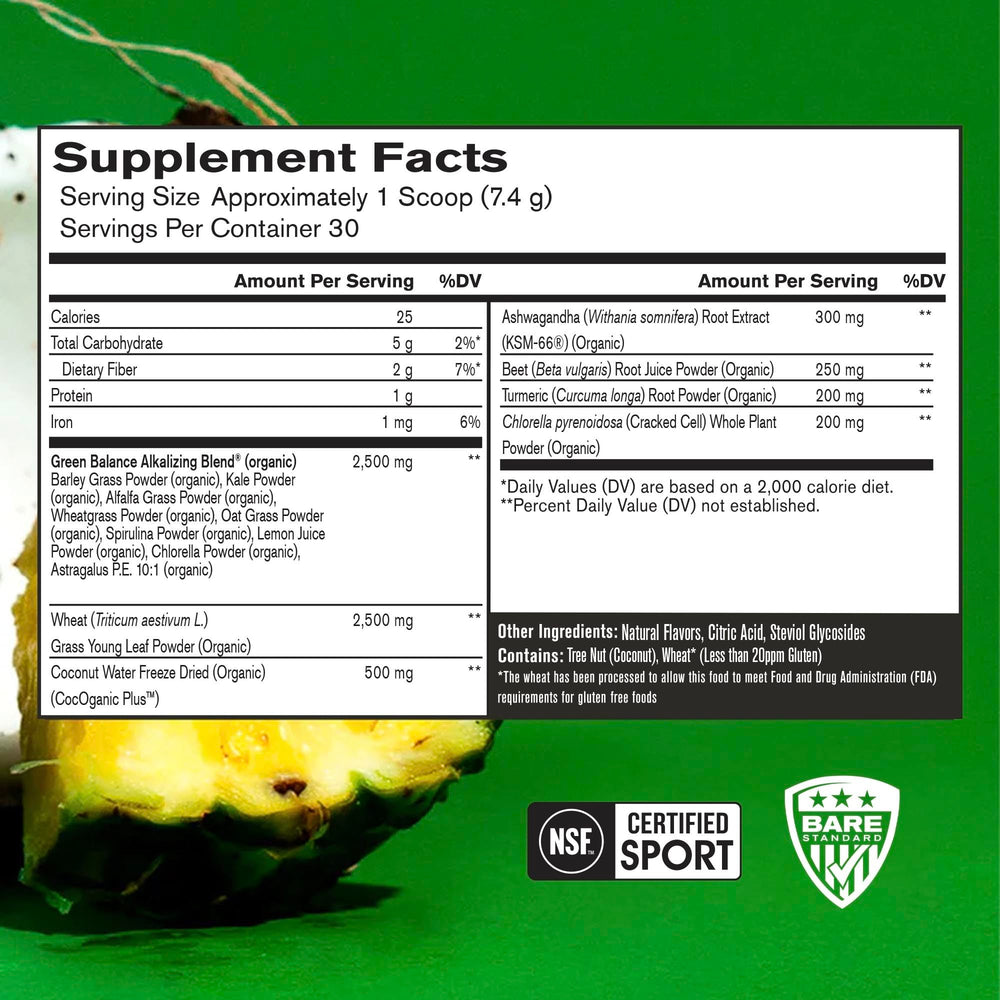 BARE PERFORMANCE NUTRITION Strong Greens scoop ready for a quick energy and focus boost.