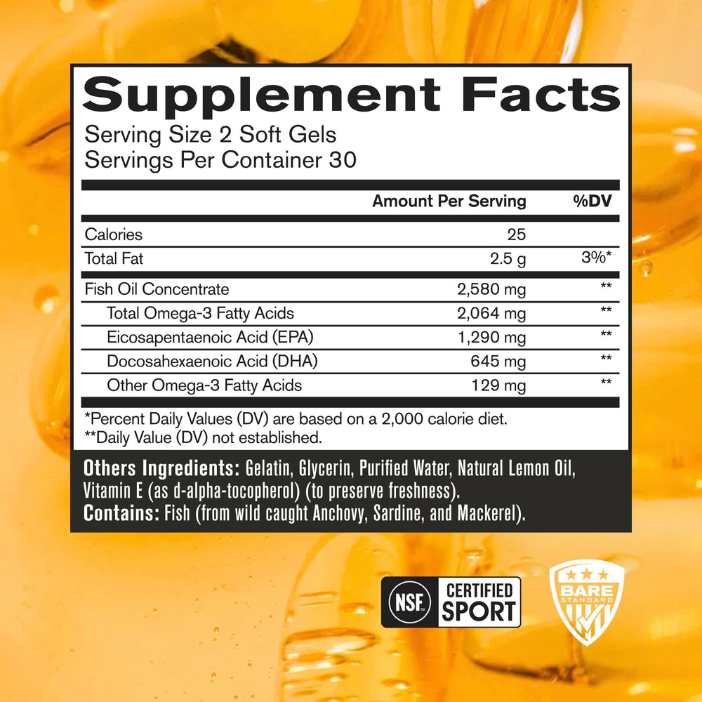 Close-up of Strong Omega capsules emphasizing high EPA and DHA content