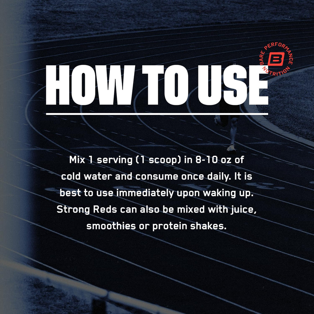 Bare Performance Nutrition Strong Reds acai-pomegranate-blueberry mix visible in top ingredients.