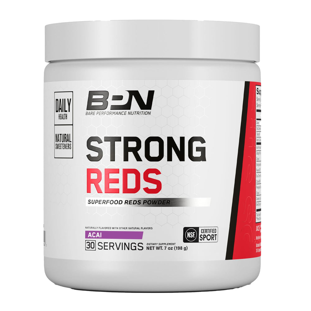 Bare Performance Nutrition Strong Reds bottle front highlighting antioxidant-rich formula for daily energy support.