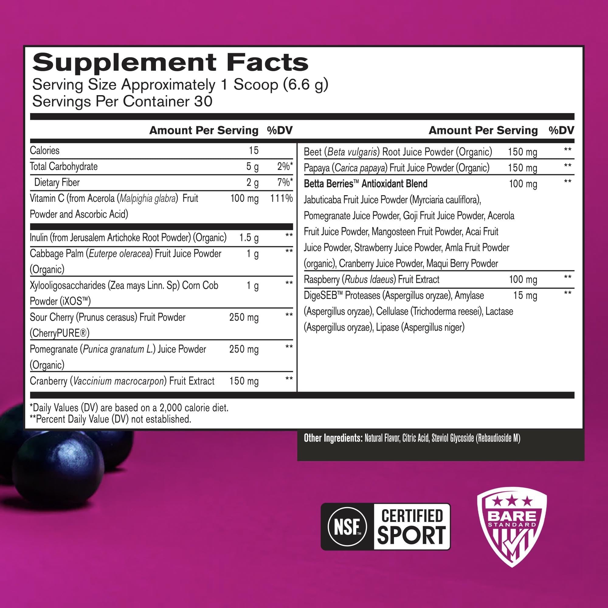 Bare Performance Nutrition Strong Reds bottle with glass of juice showing vibrant berry antioxidants.