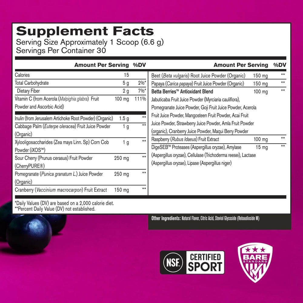 Bare Performance Nutrition Strong Reds bottle with glass of juice showing vibrant berry antioxidants.