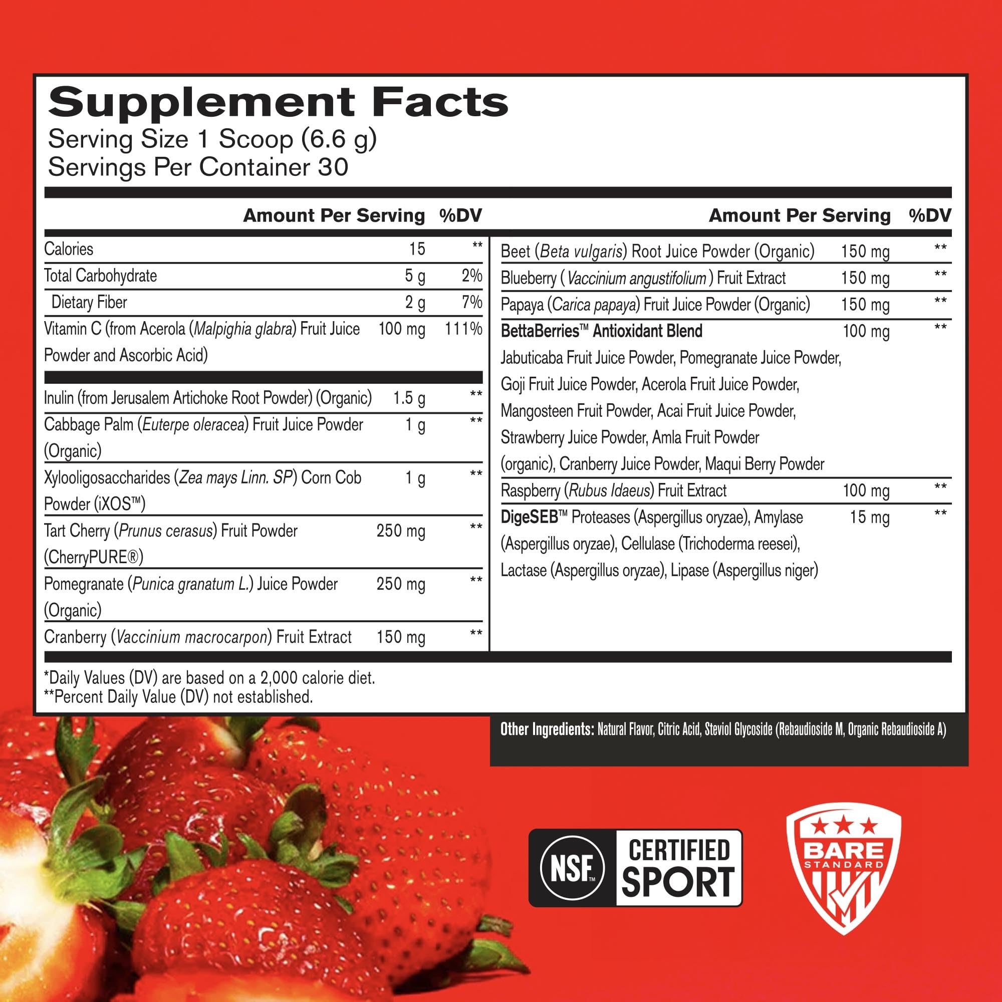 Strong Reds digestive enzymes label highlights digestion support and nutrient breakdown