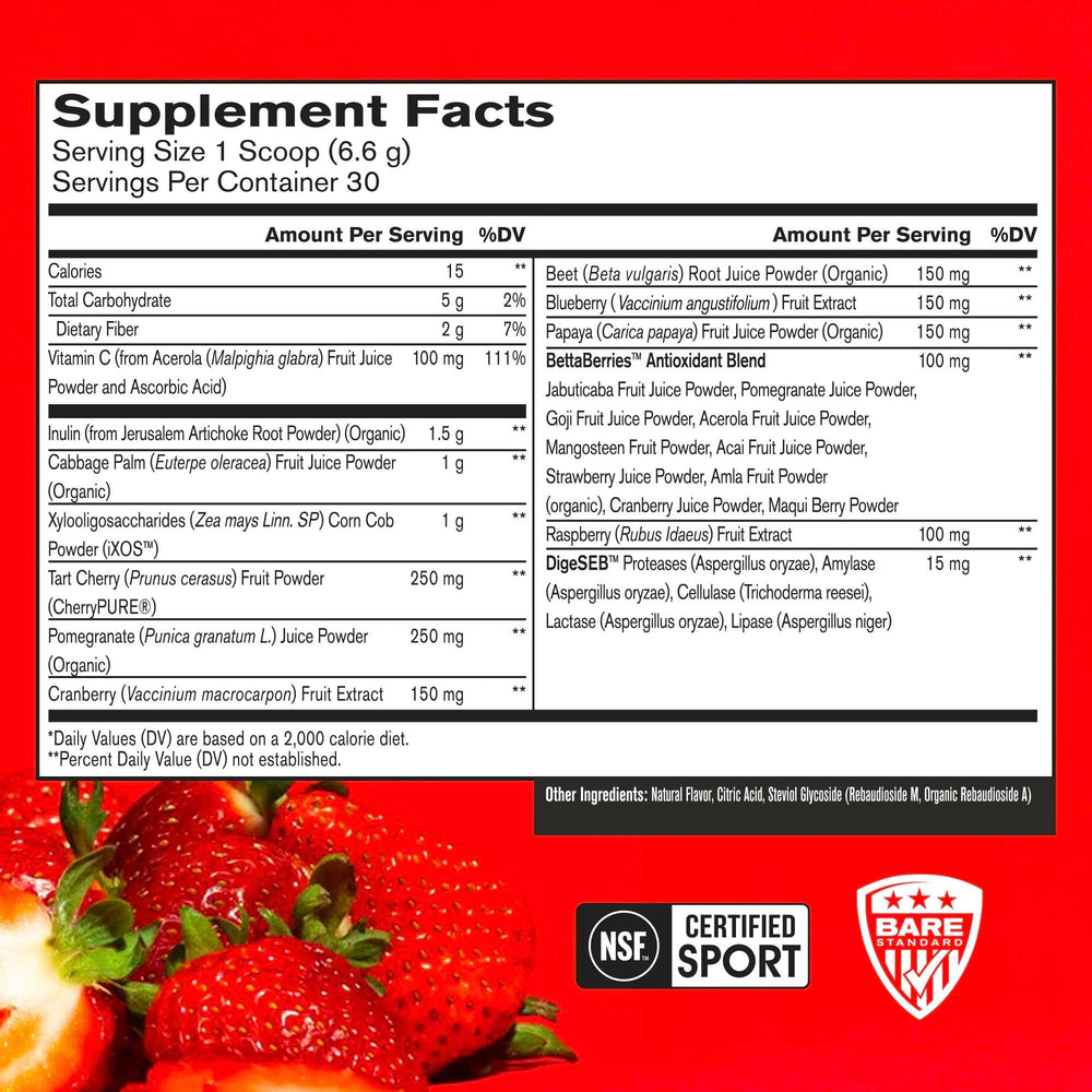 Strong Reds digestive enzymes label highlights digestion support and nutrient breakdown