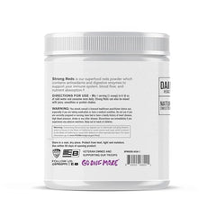 Bare Performance Nutrition Strong Reds label closeup emphasizing fruit blend and digestive enzymes for better digestion.