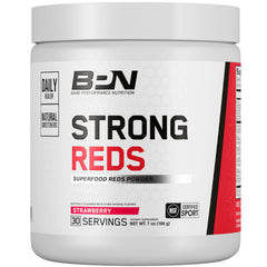 BARE PERFORMANCE NUTRITION Strong Reds powder tub shows vibrant berry blend for natural energy