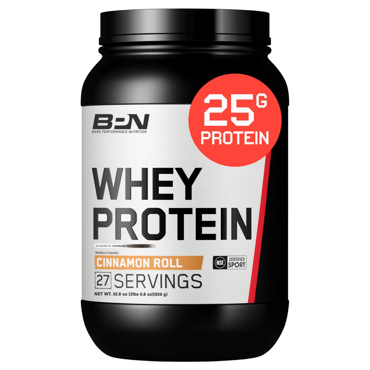 Bare Performance Nutrition Cinnamon Roll bottle shows whey-casein blend for balanced recovery.