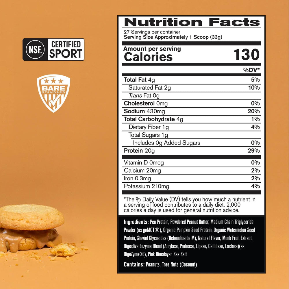 Bare Performance Nutrition vegan protein label with Informed Sport certification for trusted quality.