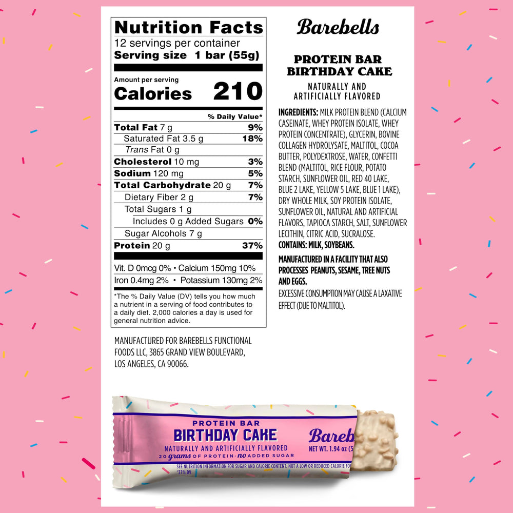 Barebells Birthday Cake bar closeup highlighting soft texture and vanilla frosting.