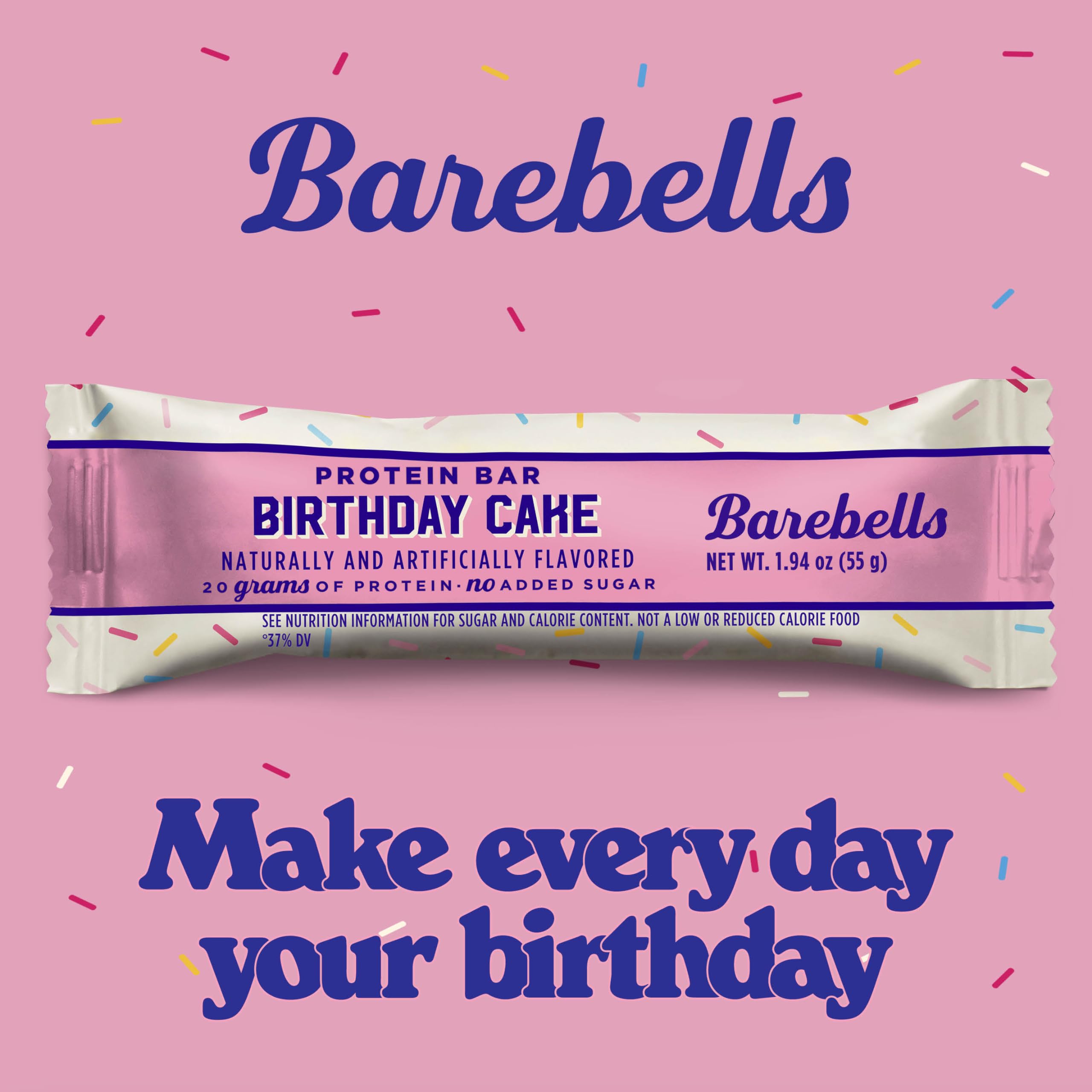 Barebells Birthday Cake bar packaging highlights no added sugar and protein.