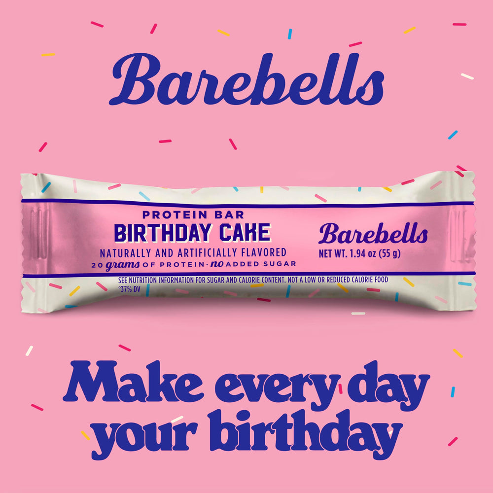 Barebells Birthday Cake bar packaging highlights no added sugar and protein.