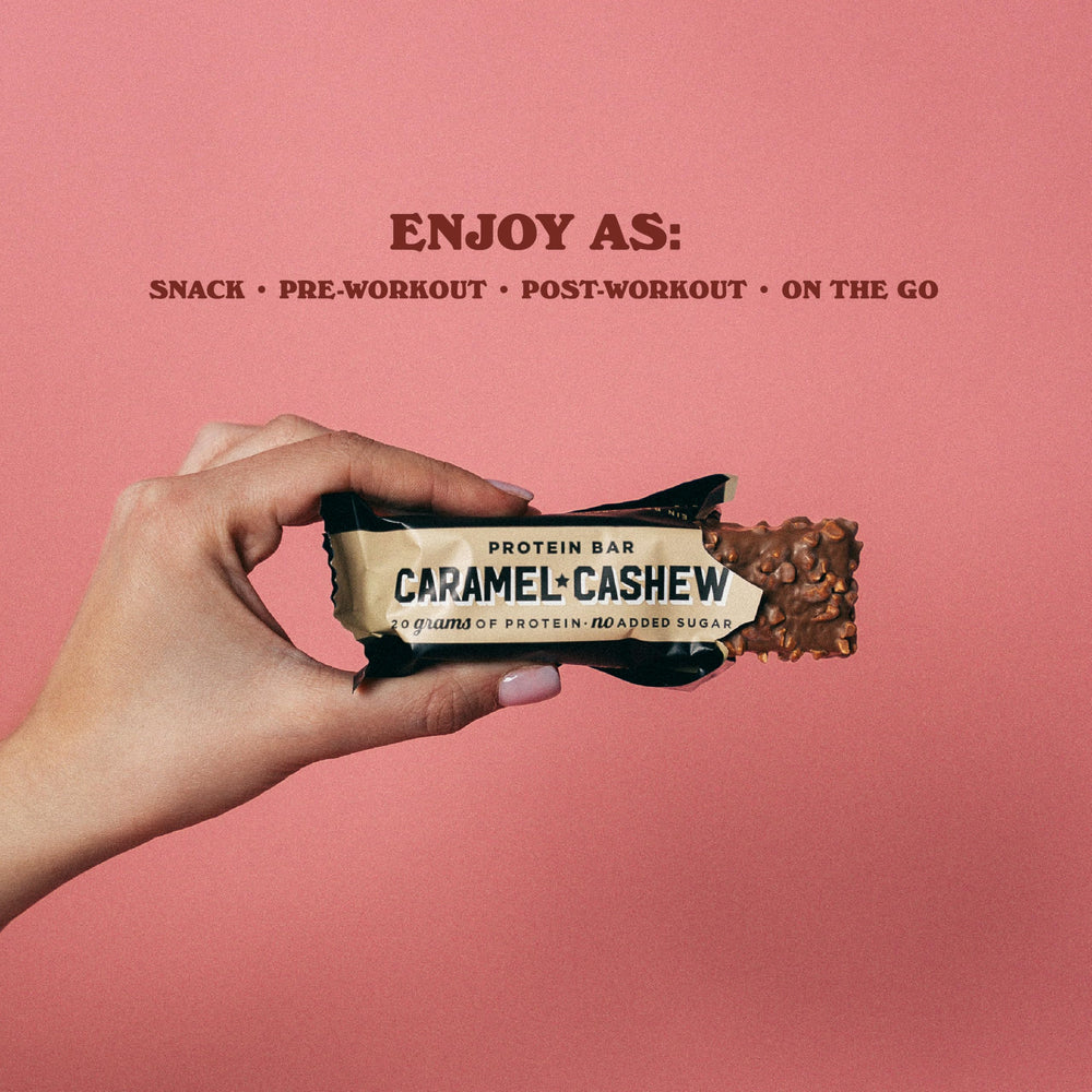 Barebells Caramel Cashew bar on breakfast table for a quick morning boost.