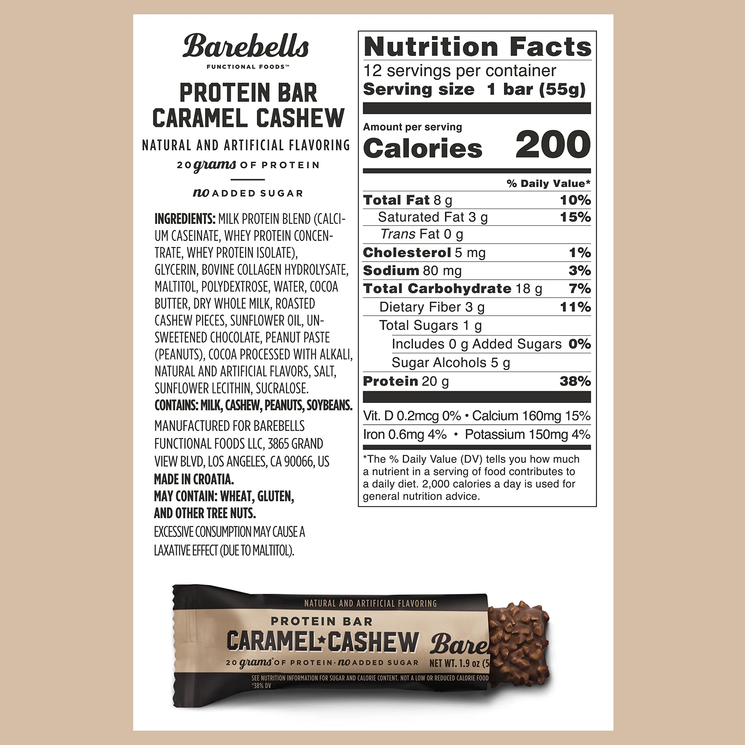 Barebells Caramel Cashew bar close-up showing caramel filling