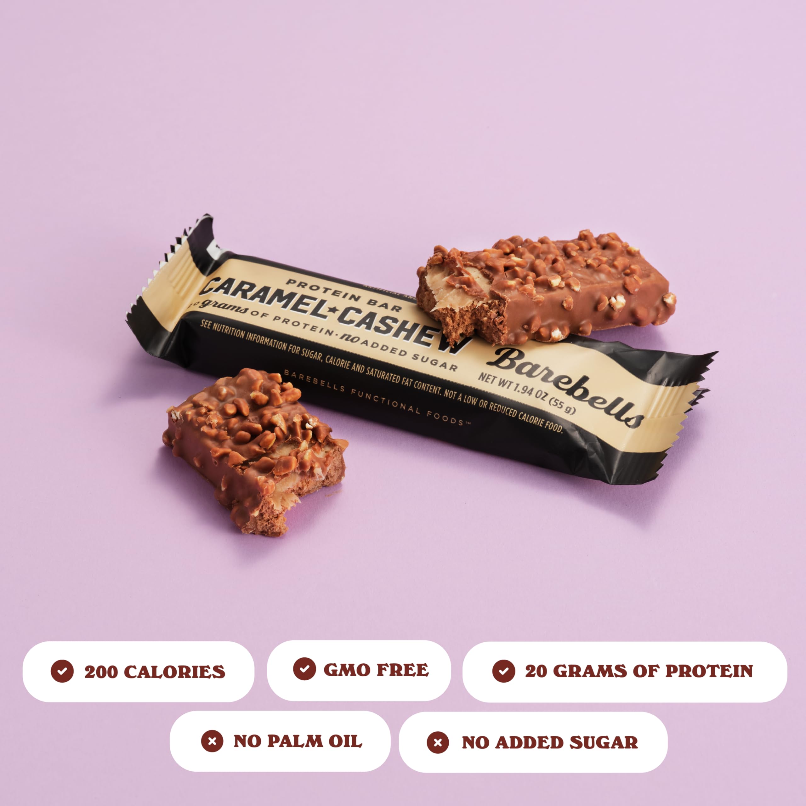 Barebells Caramel Cashew bar close-up highlights creamy texture and satisfying bite