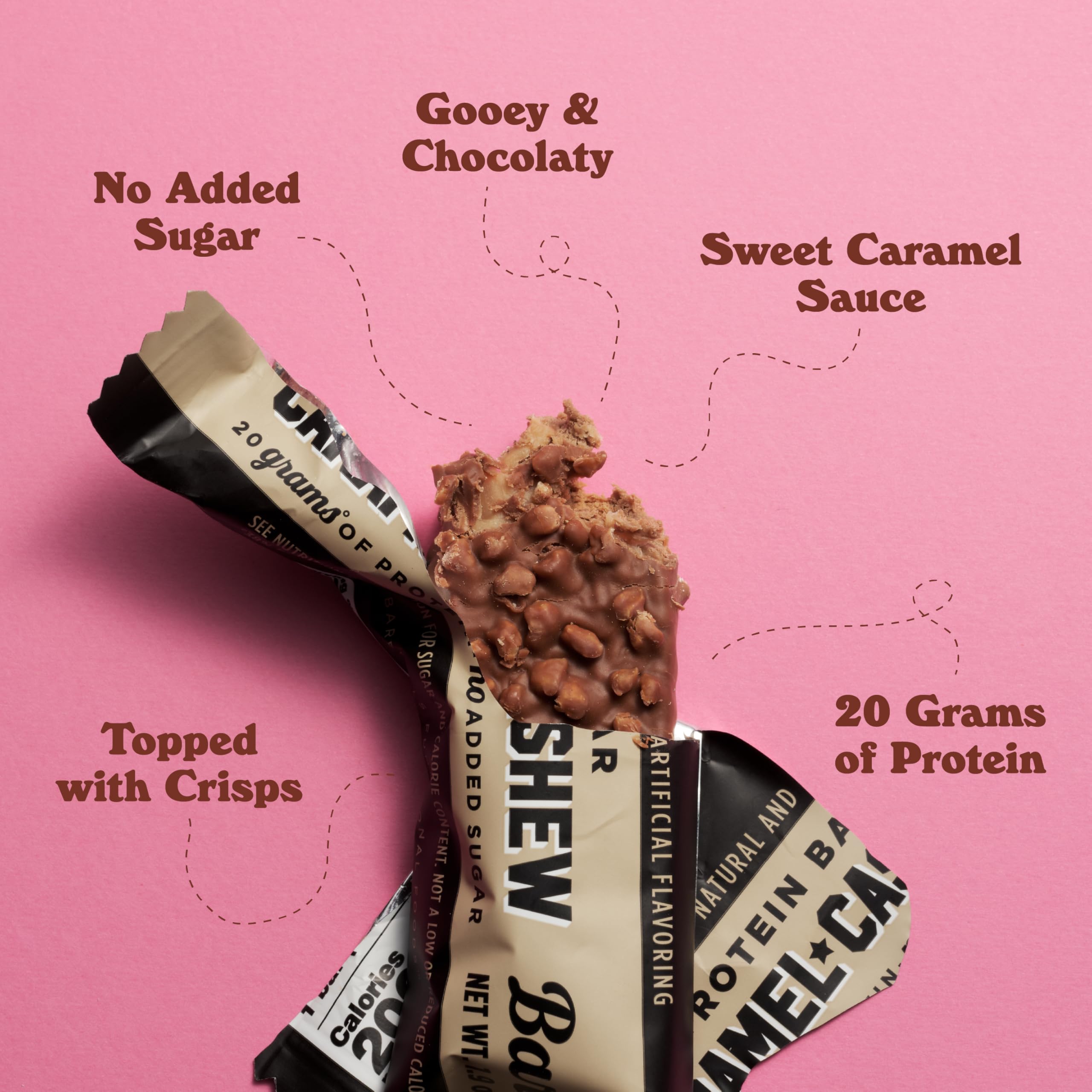 Barebells Caramel Cashew nutrition label close-up highlighting protein and sugar facts.