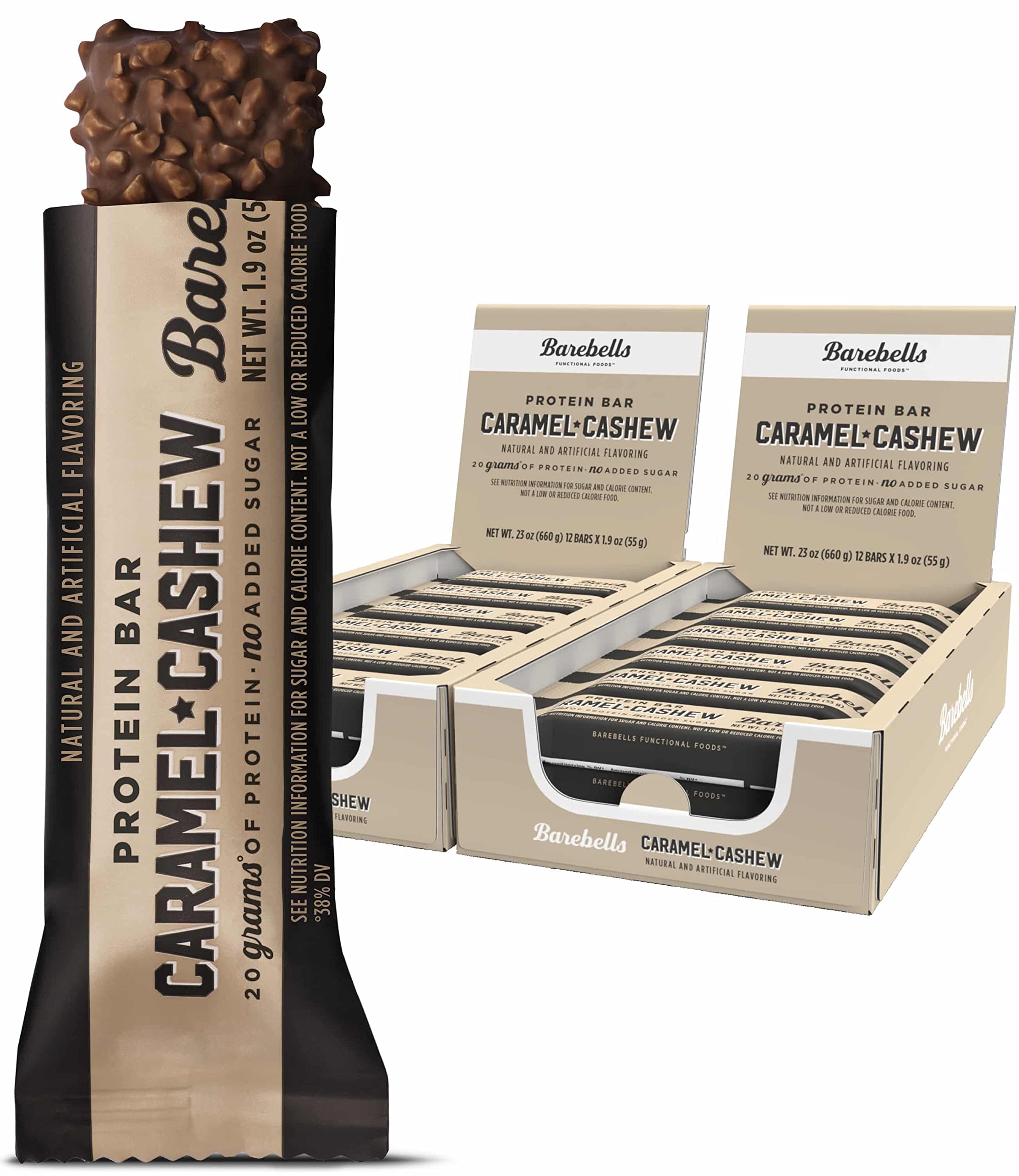 Barebells Caramel Cashew bar pack shot for on-the-go snacking