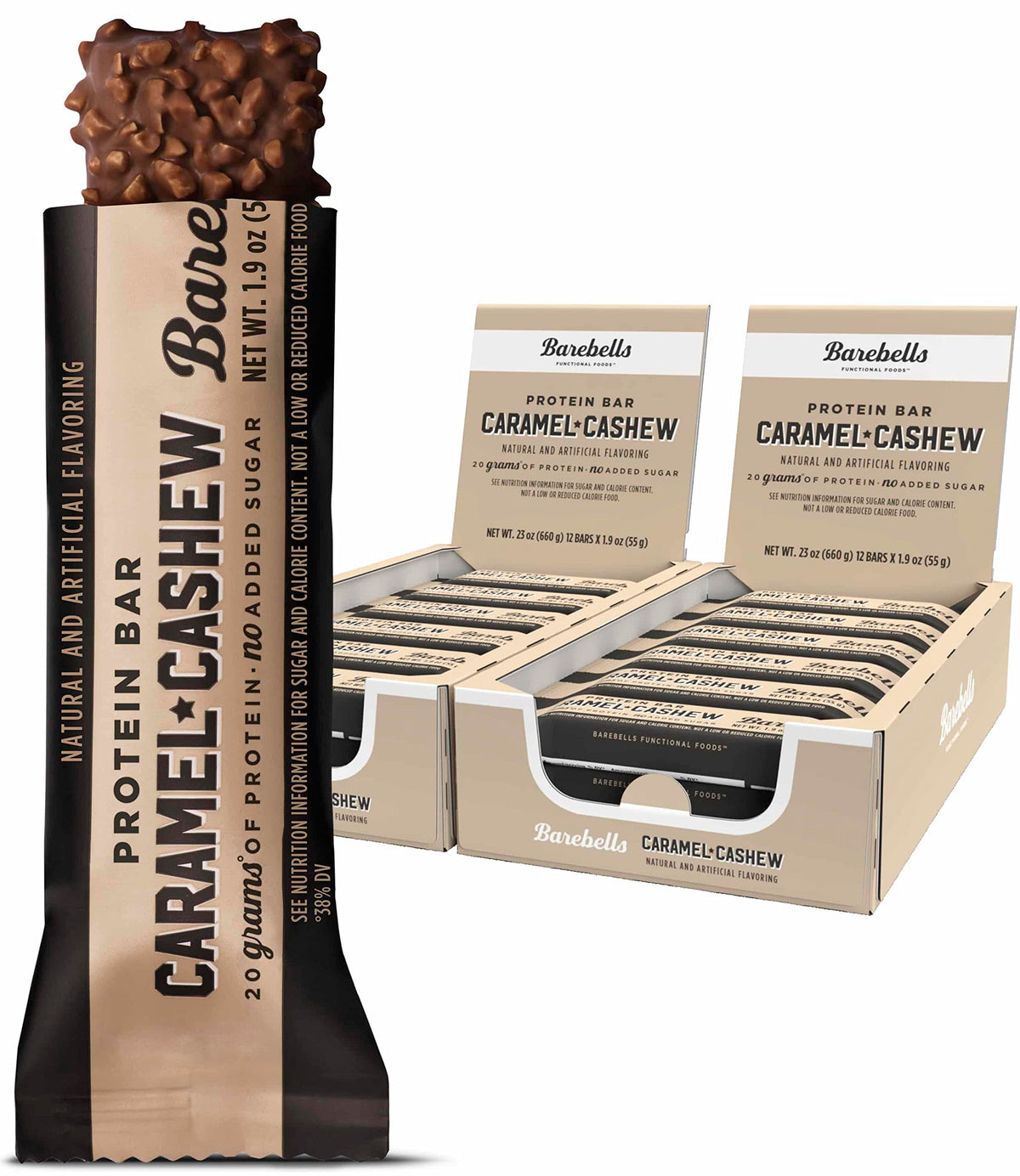 Barebells Caramel Cashew bar pack shot for on-the-go snacking