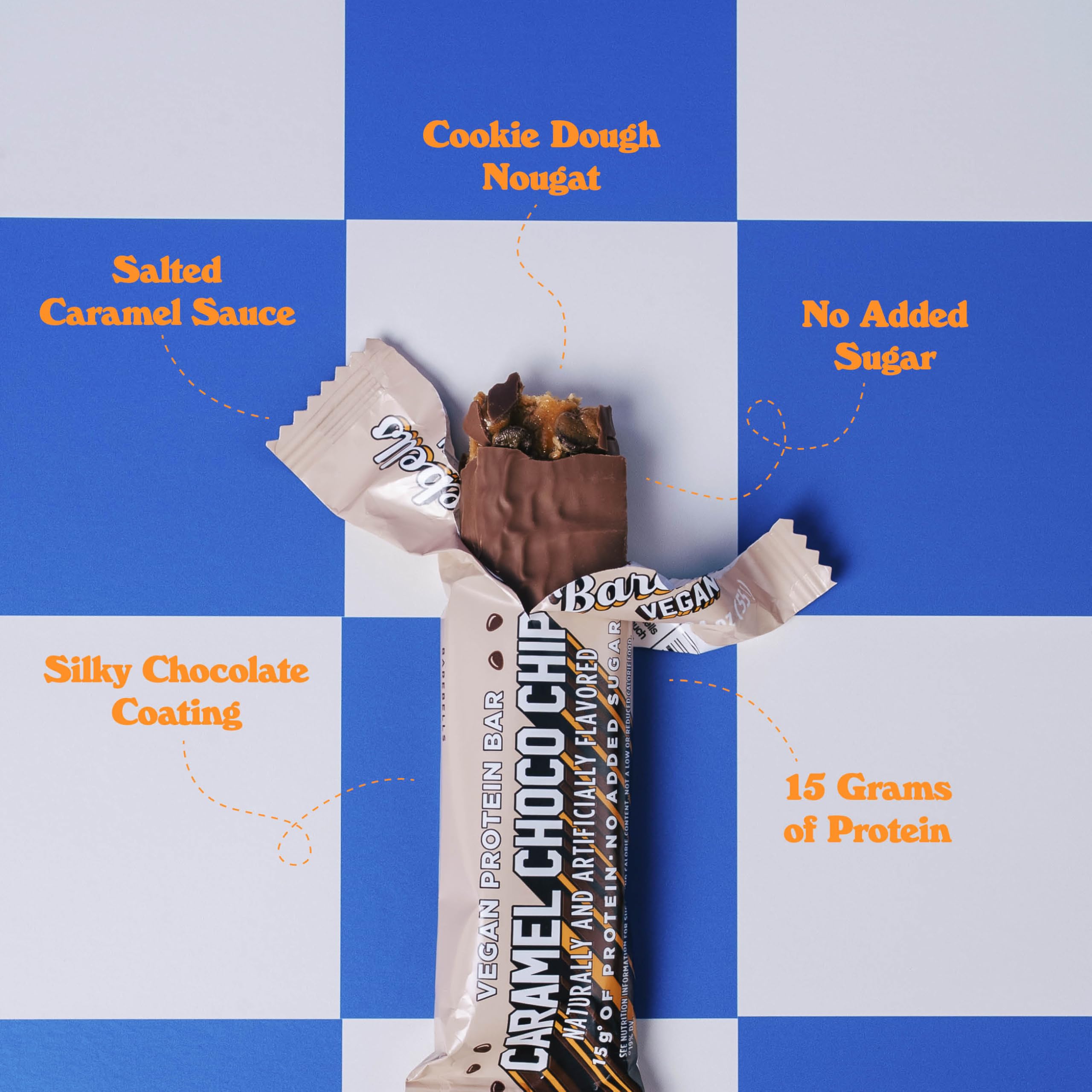 Barebells Caramel Choco Chip Bar with milk chocolate coating, indulgent high-protein treat