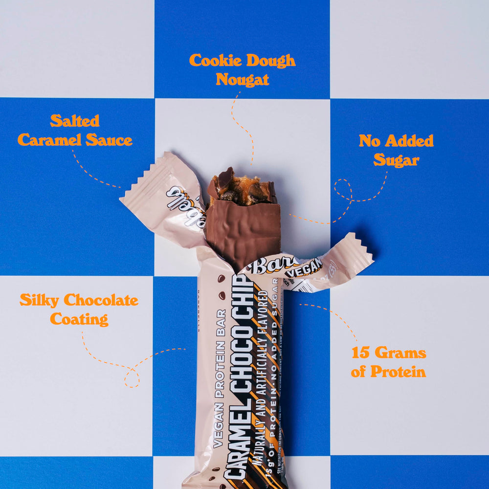 Barebells Caramel Choco Chip Bar with milk chocolate coating, indulgent high-protein treat