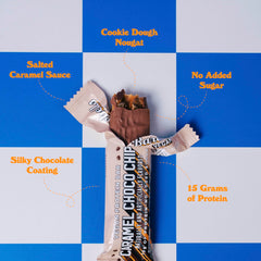Barebells Caramel Choco Chip Bar with milk chocolate coating, indulgent high-protein treat