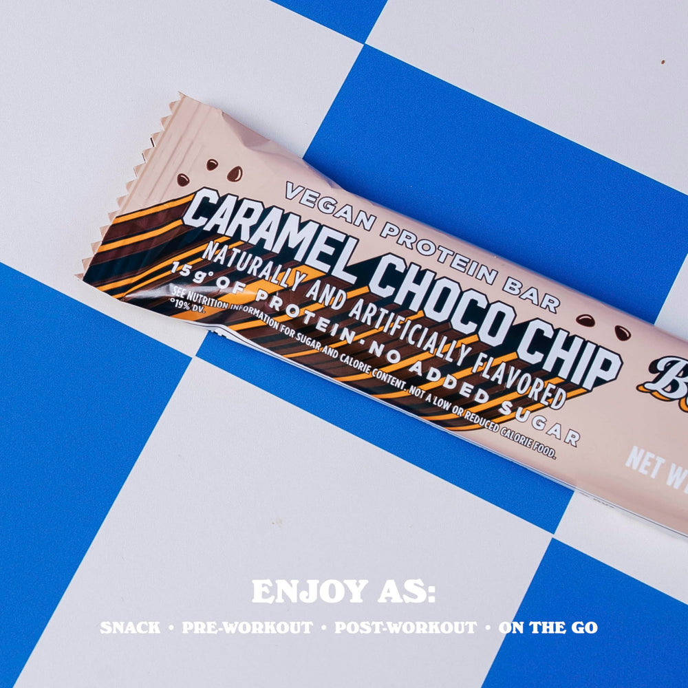 Barebells Caramel Choco Chip Bar on the go, ideal pre or post-workout bite