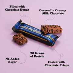 Barebells Chocolate Dough Bar milk chocolate coating appears silky and indulgent.