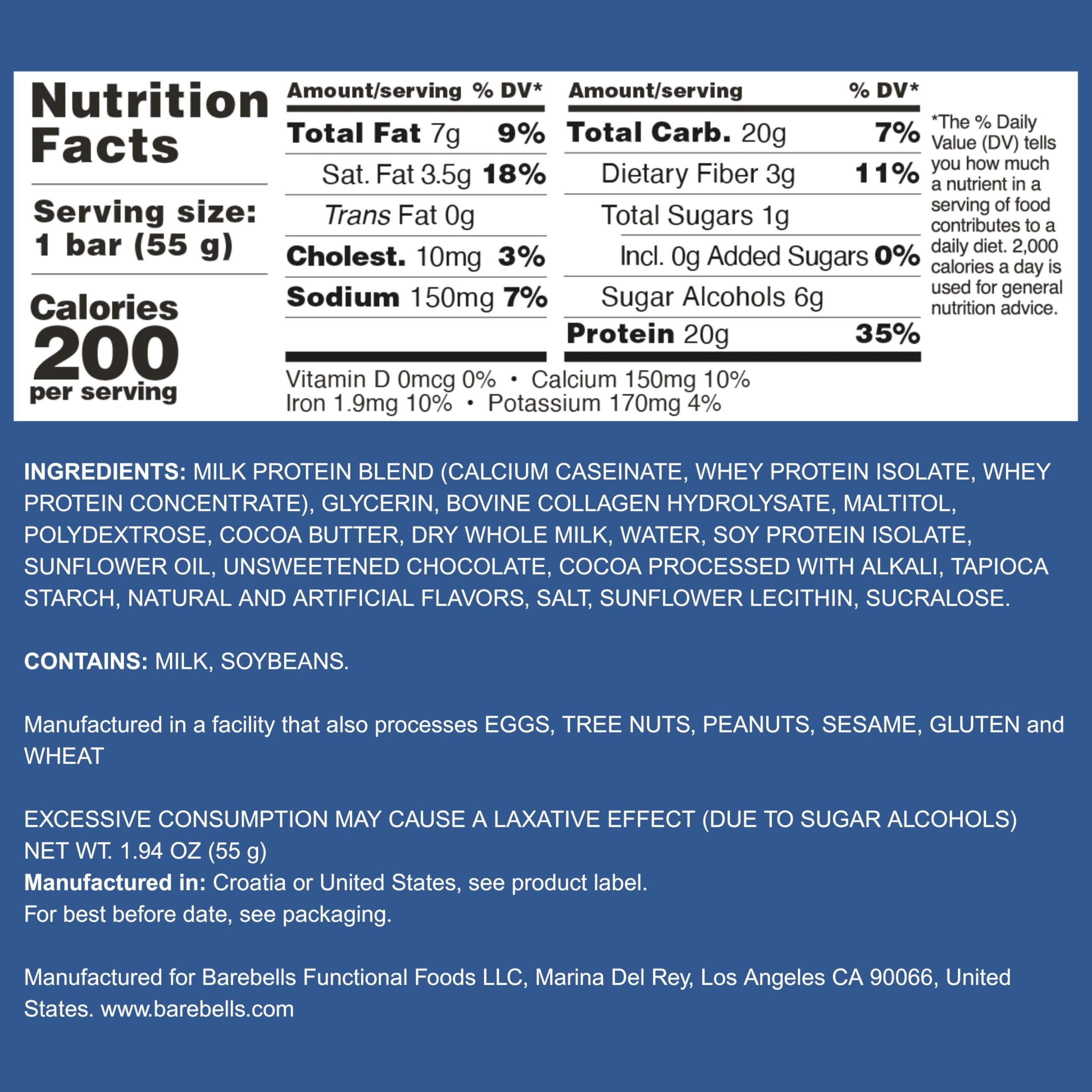 Barebells Chocolate Dough bar pack back with nutrition details for smart choices.