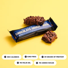 Barebells Chocolate Dough bar unwrapped closeup reveals creamy coating.