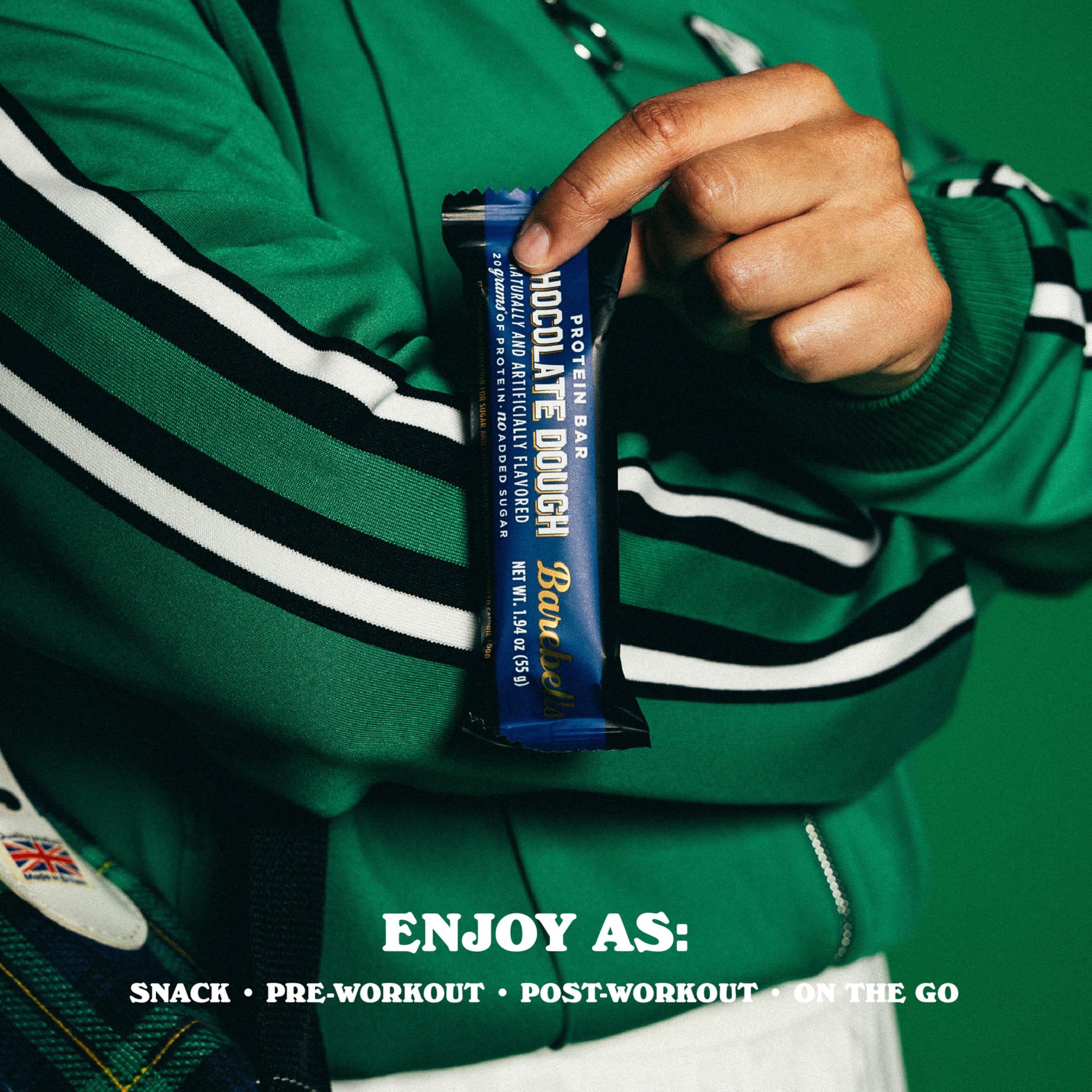 Barebells Chocolate Dough bar wrapper emphasizes portable protein on busy days.