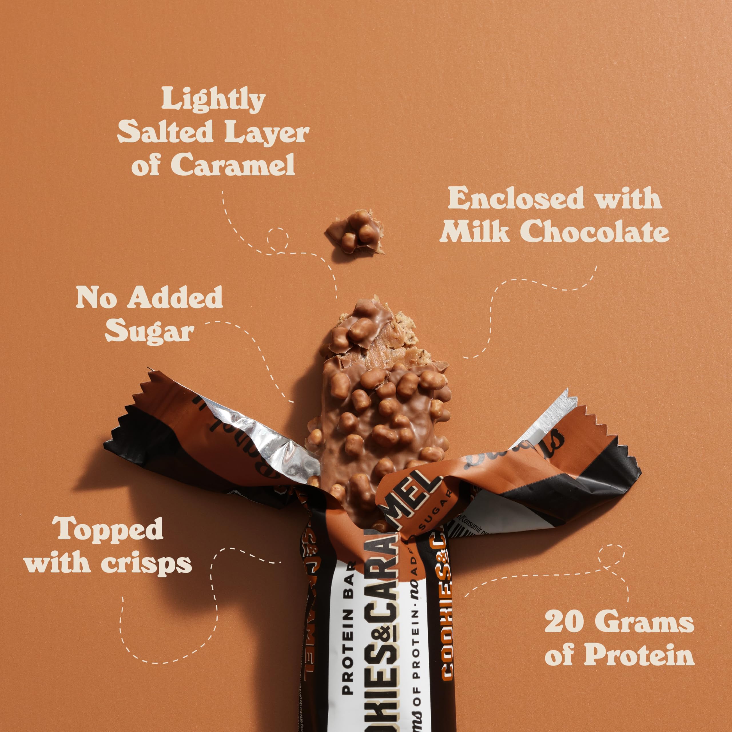 Barebells Cookies and Caramel bar caramel-layer closeup draws attention to creamy center