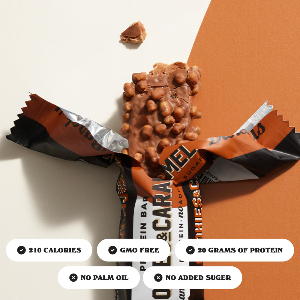 Barebells Cookies and Caramel bar texture closeup emphasizing crunchy toppers and caramel