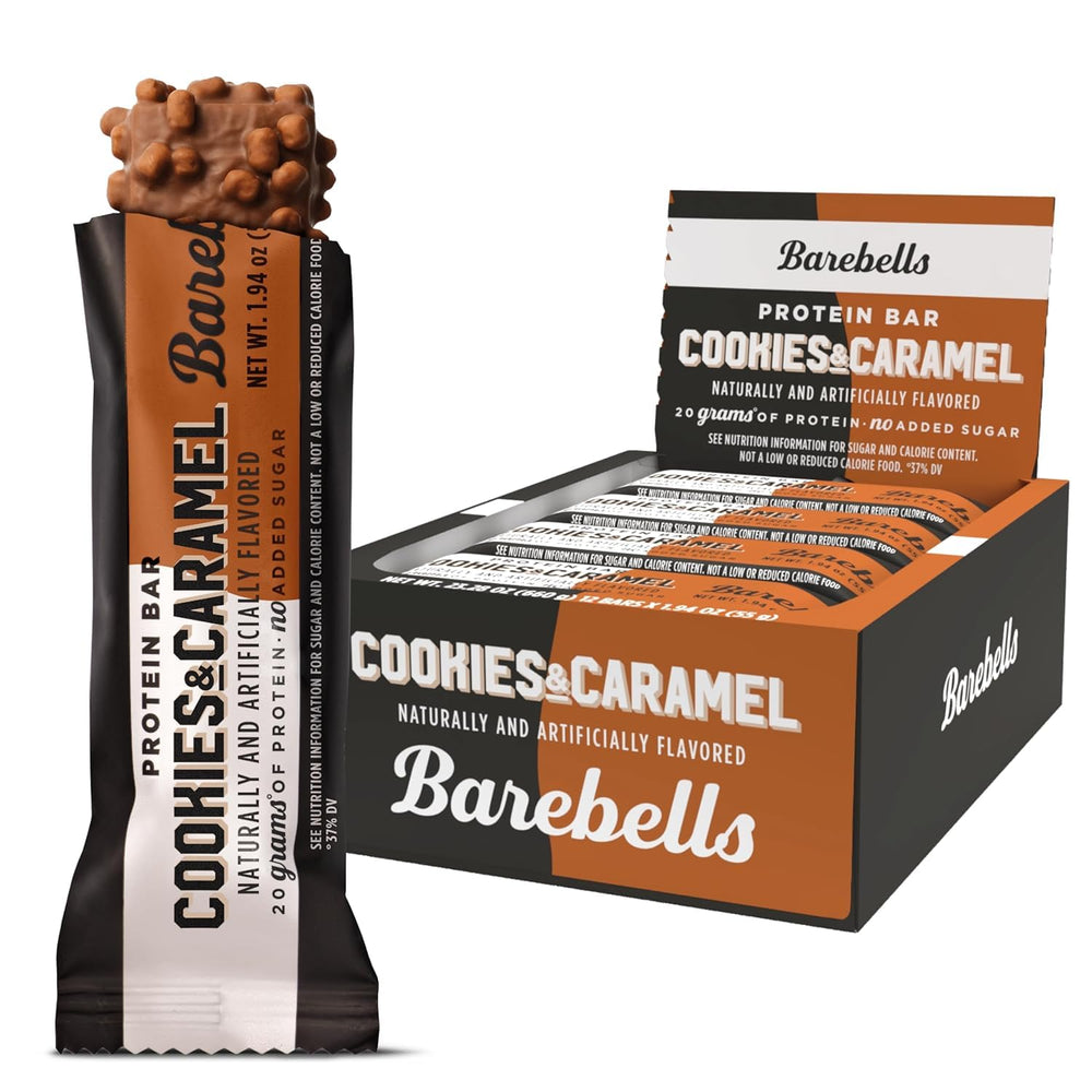Barebells Cookies and Caramel bar with milk chocolate coating, ideal for on-the-go snacking.