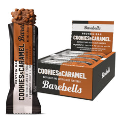 Barebells Cookies and Caramel bar with milk chocolate coating, ideal for on-the-go snacking.