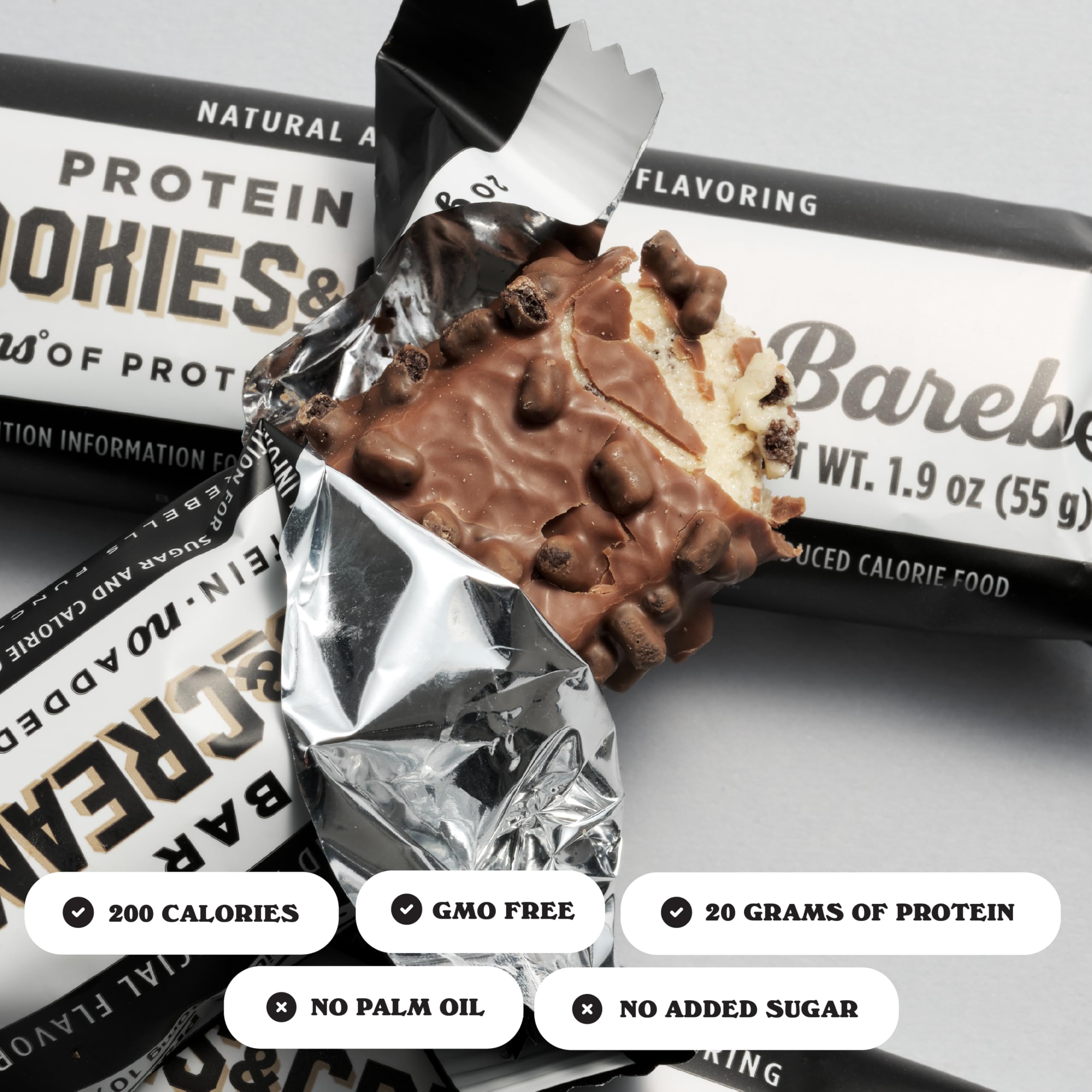 Barebells Cookies & Cream bar nutrition panel: 20g protein, no added sugar.