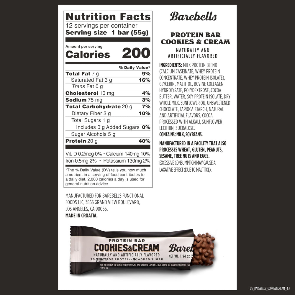 Barebells Cookies & Cream bar unwrapped: indulgent chocolate flavor for post-workout recovery.
