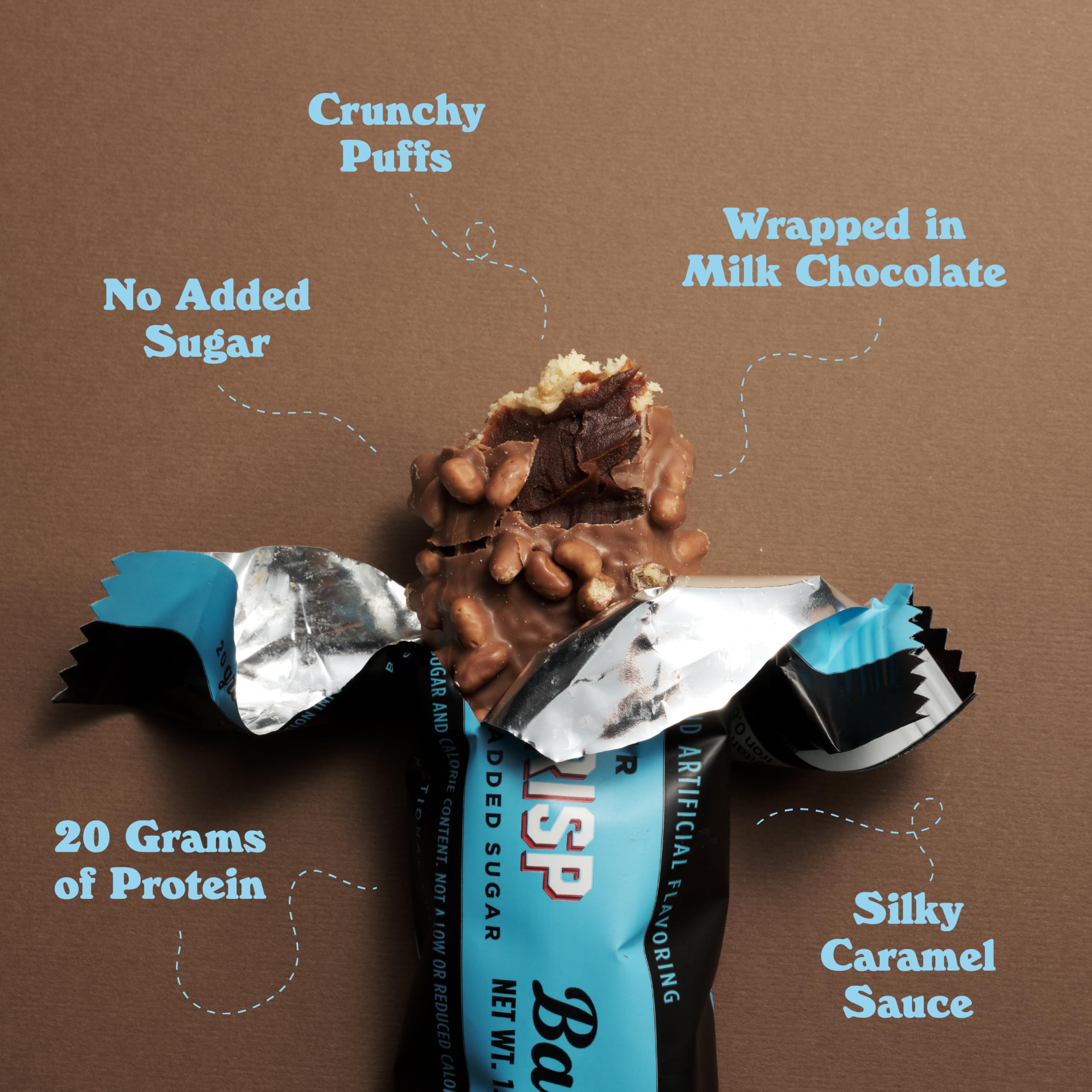 Close-up of Barebells Creamy Crisp texture highlights soft interior and rich chocolate.