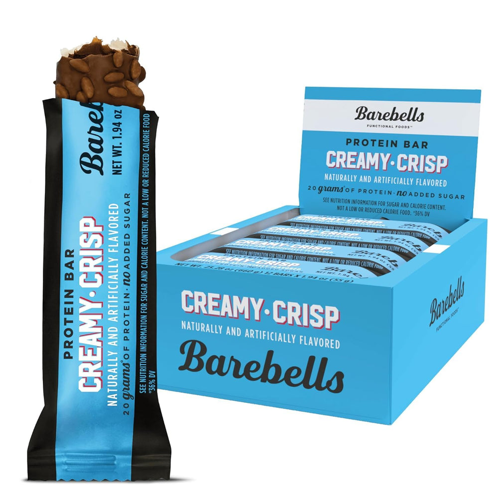 Barebells Creamy Crisp packaging shows a 12-count box for on-the-go protein.